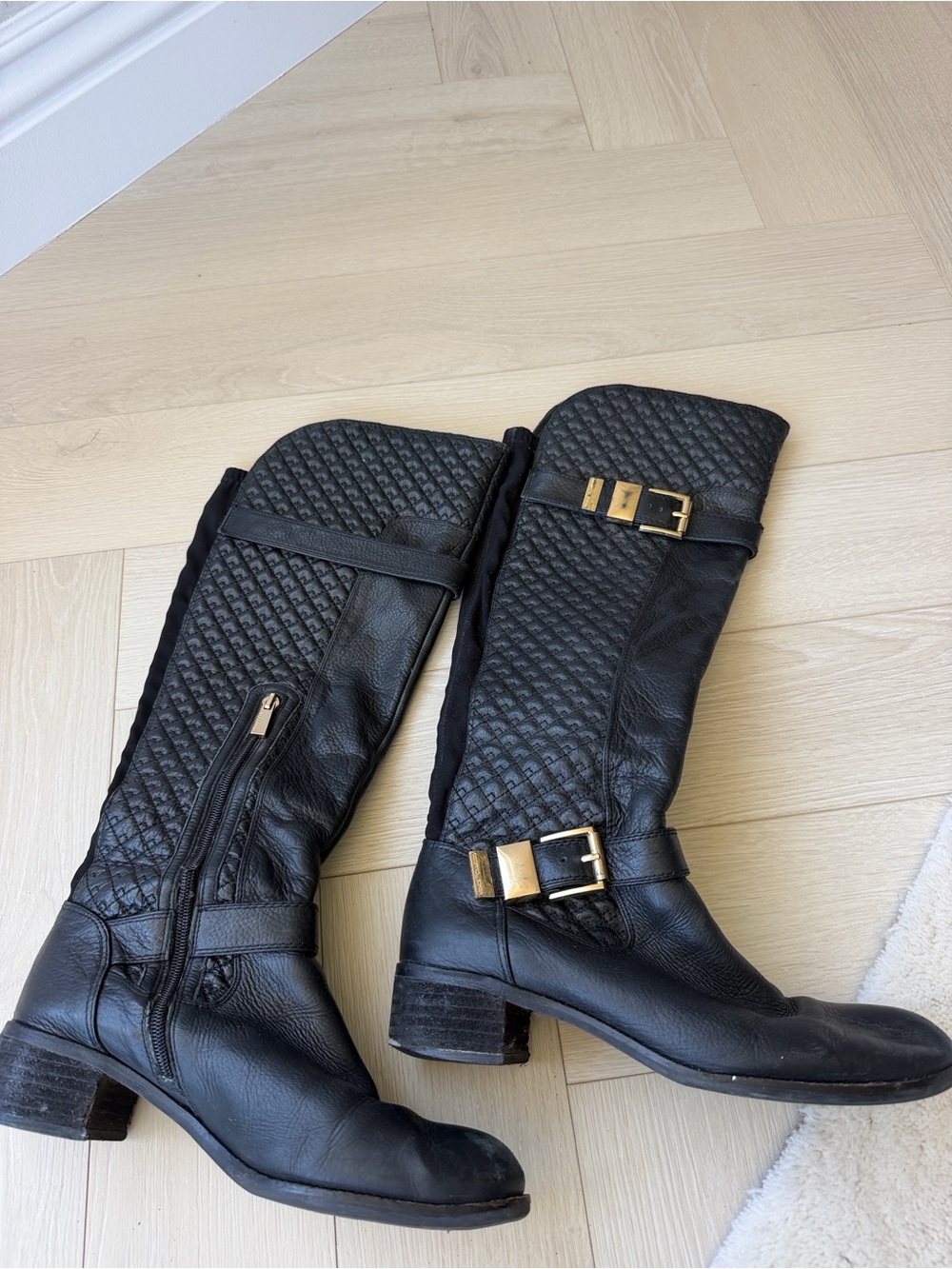 Vince Camuto Faris Black Quilted Knee High Leather Boots with Gold Buckles